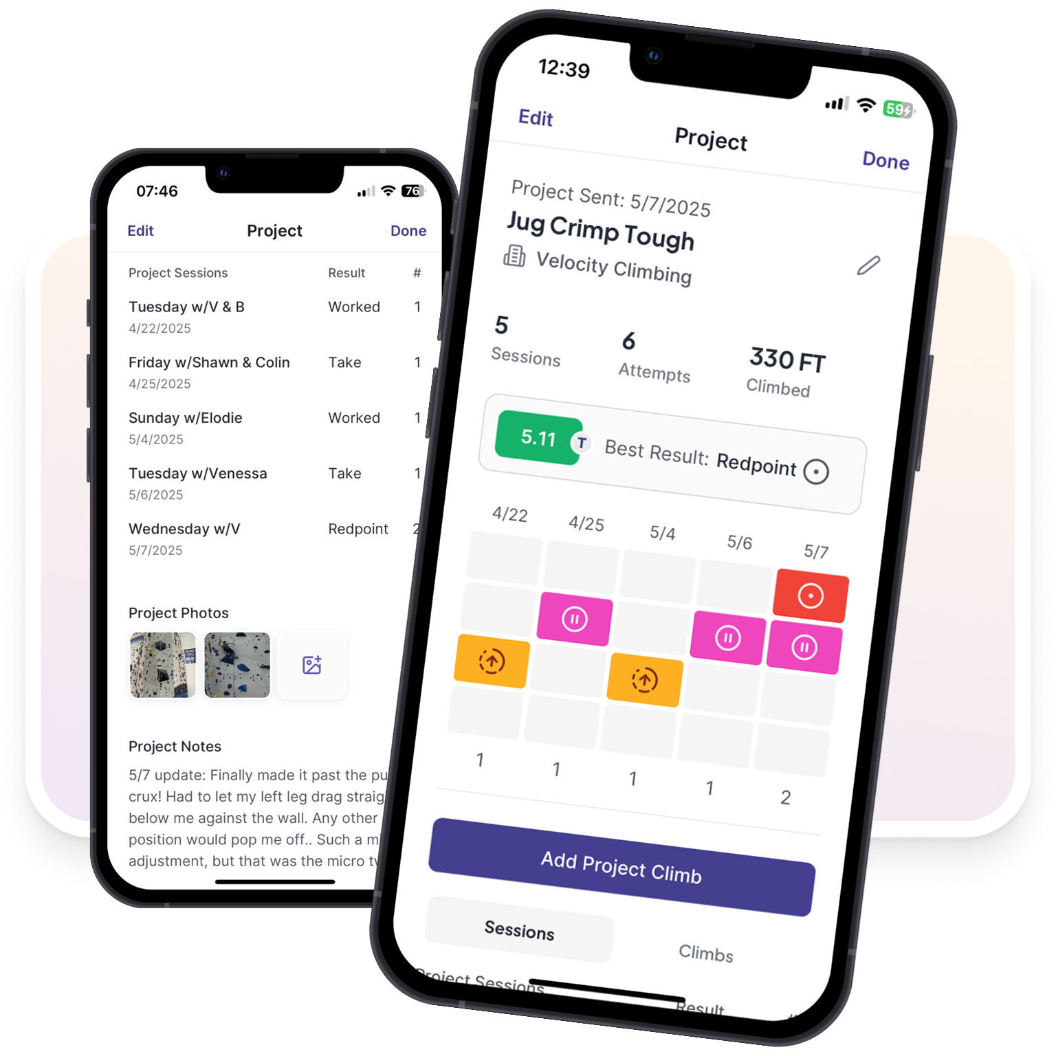 Project tracking UI with grouped climbs across sessions